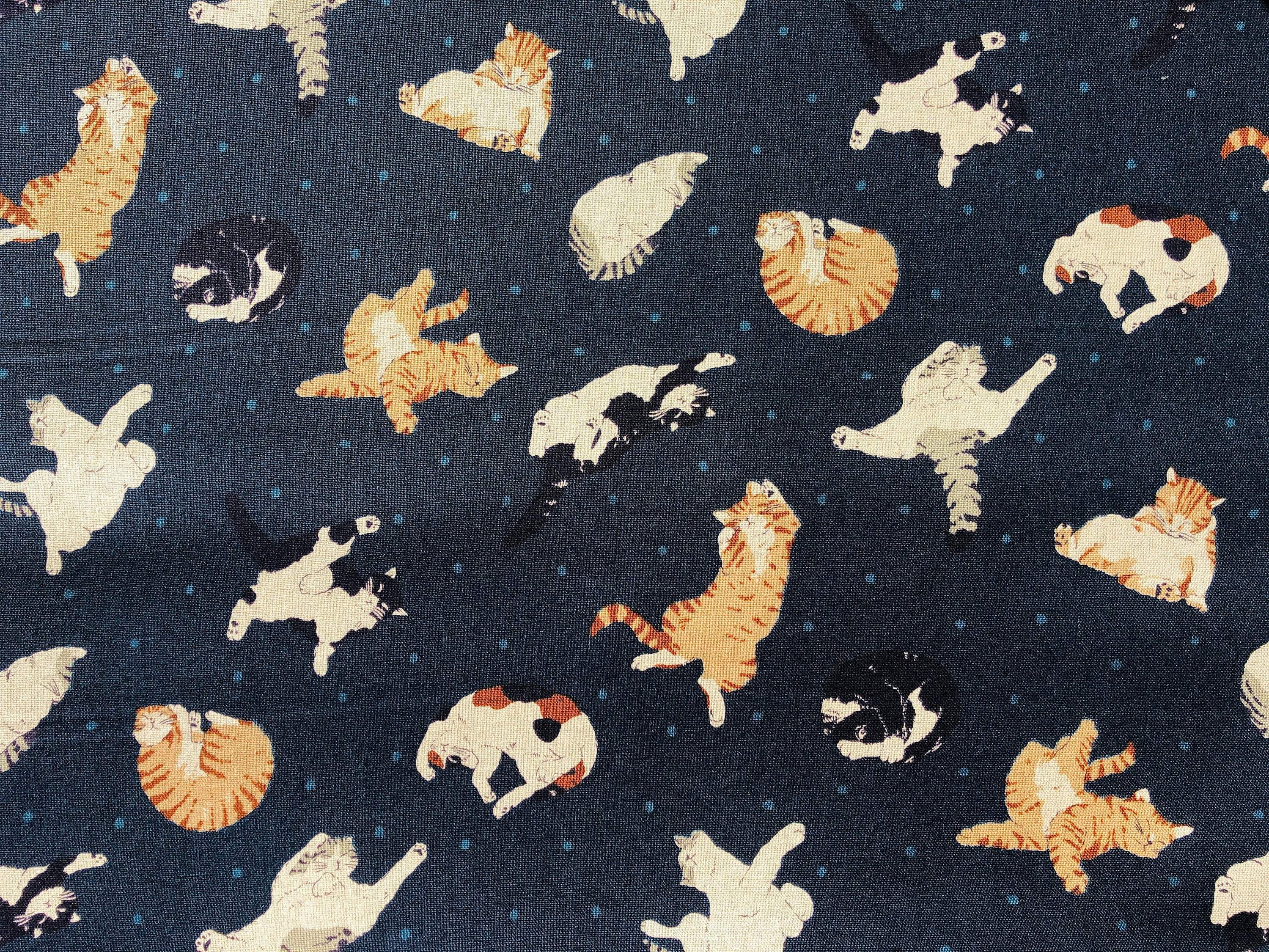Kokka Cotton Linen Navy Blue Natural Sleeping Cat Lightweight Canvas Fabric.