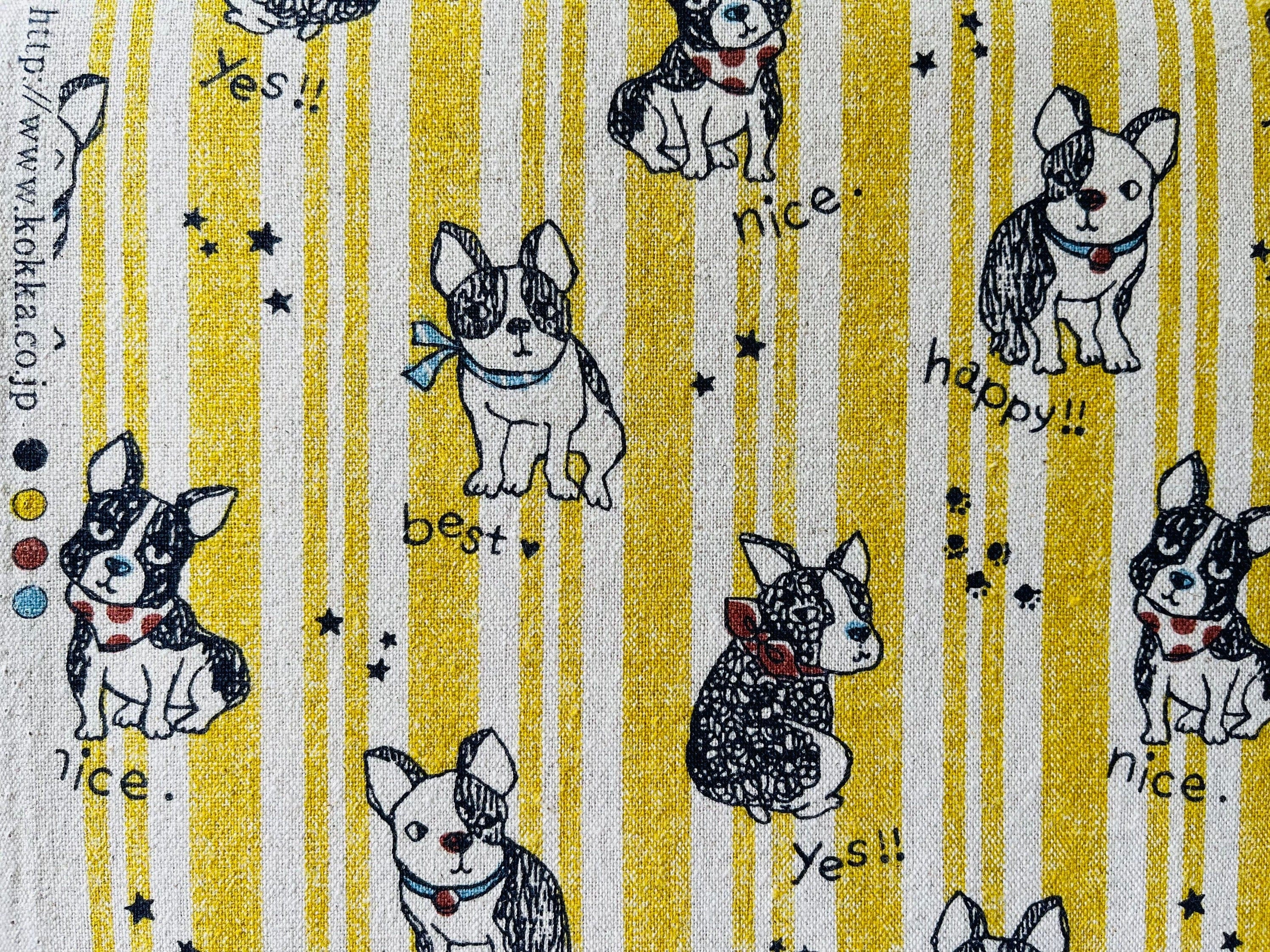 Japanese - Kokka - Dog - Bulldog Canvas - Cotton Linen Striped - Lightweight Canvas Fabric - Yellow - Black - Blue - Natural - LOA-51050
