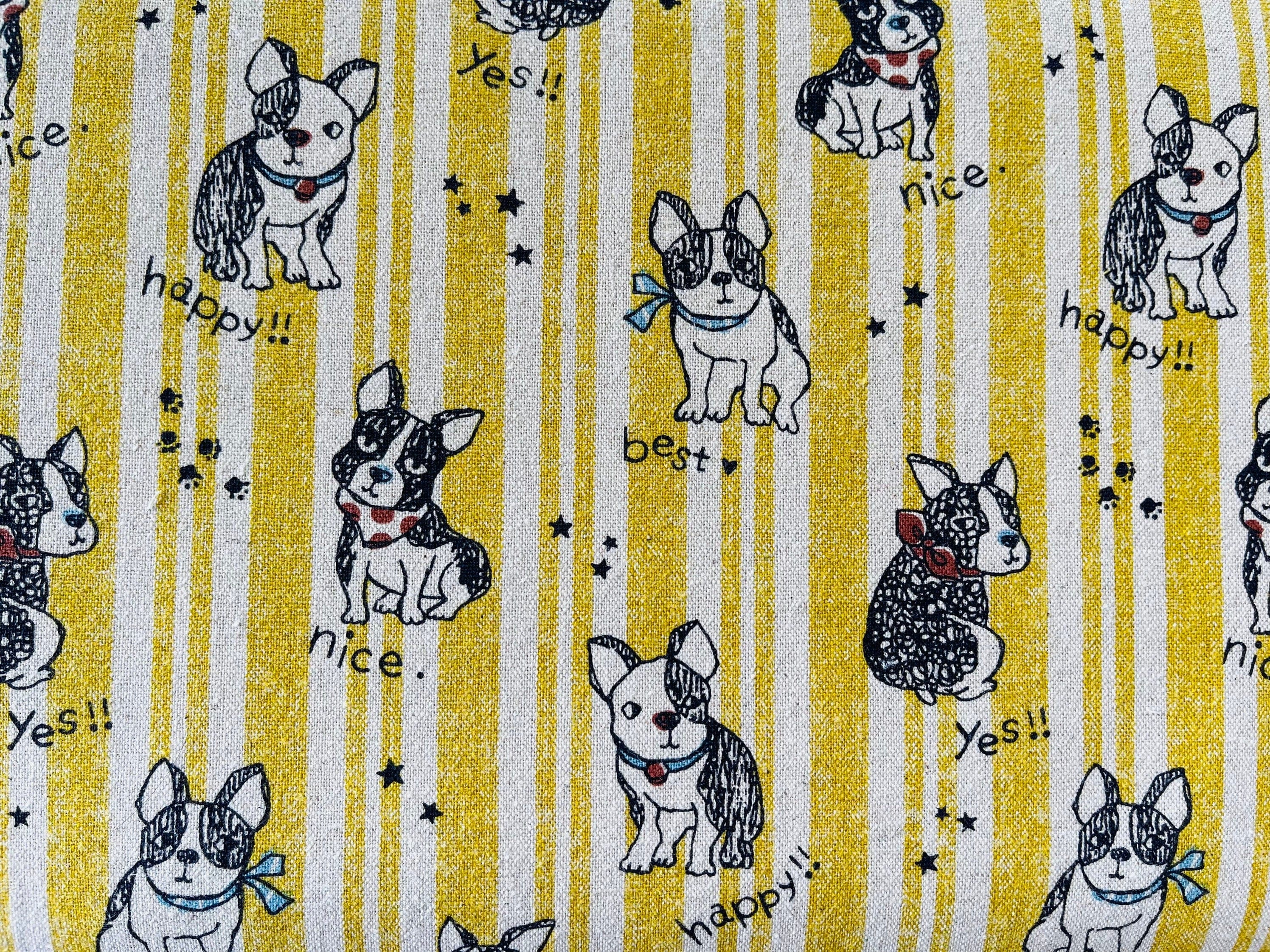Japanese - Kokka - Dog - Bulldog Canvas - Cotton Linen Striped - Lightweight Canvas Fabric - Yellow - Black - Blue - Natural - LOA-51050