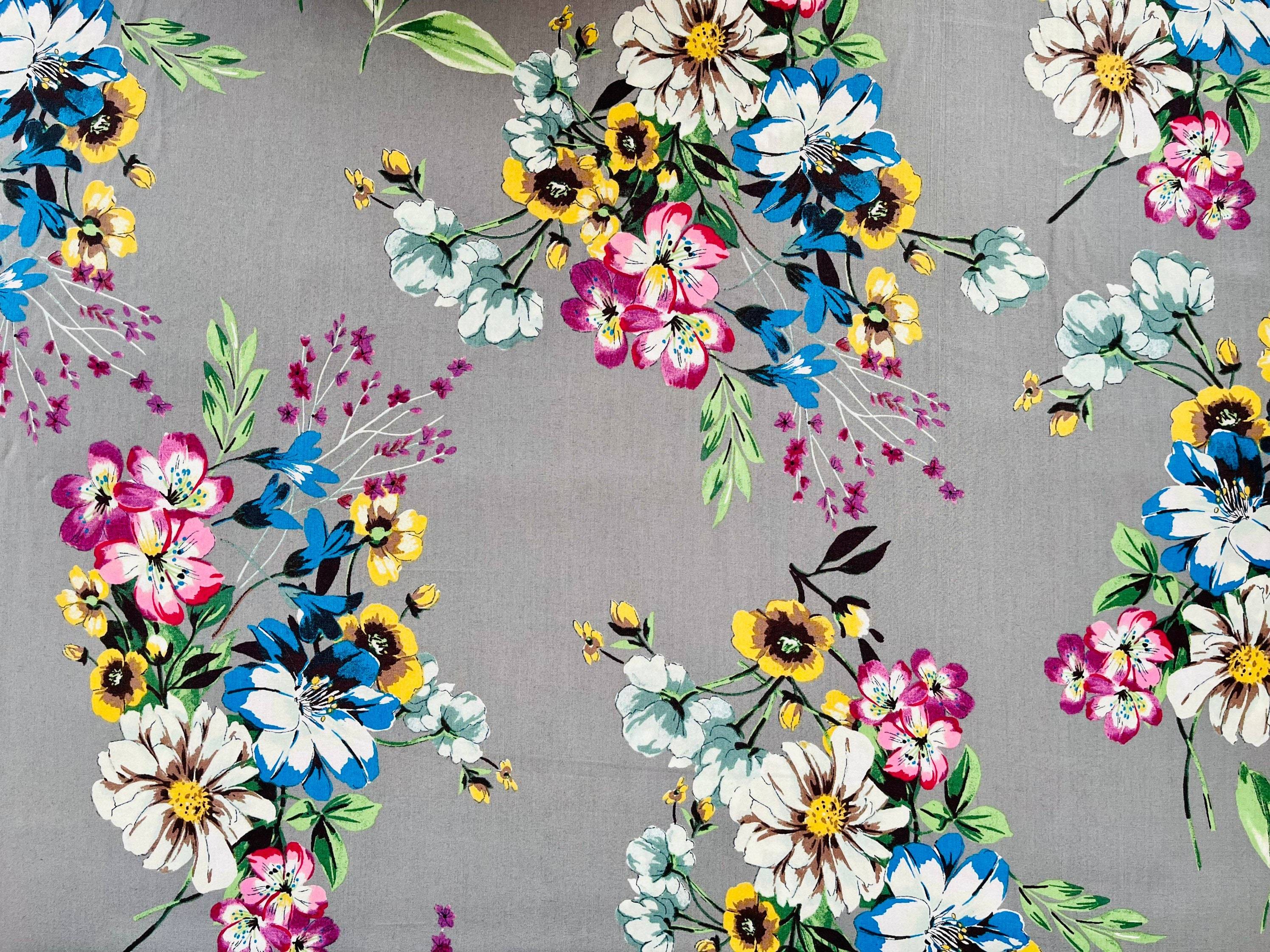 Japanese Lawn Fabric - Floral Fabric - Gray - Red - Blue - Purple - Yellow - Hokkoh  - Cotton Rayon Fabric - 307-1800 - 4A