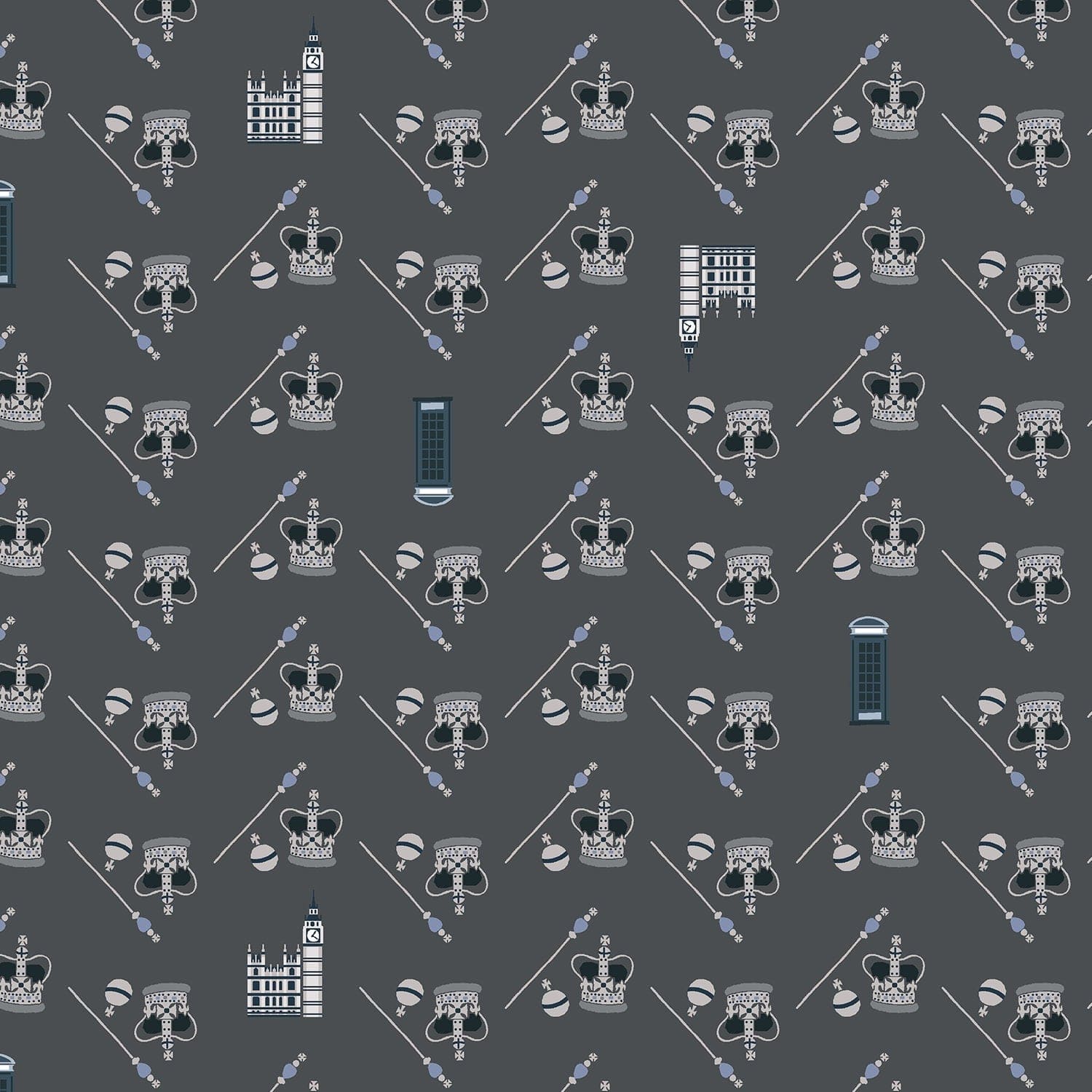 London Town HRH - Gray Fabric  - Gray - White - Blue - Sara Mulvanny -  Cotton + Steel - Quilting Cotton - SY104-GR2