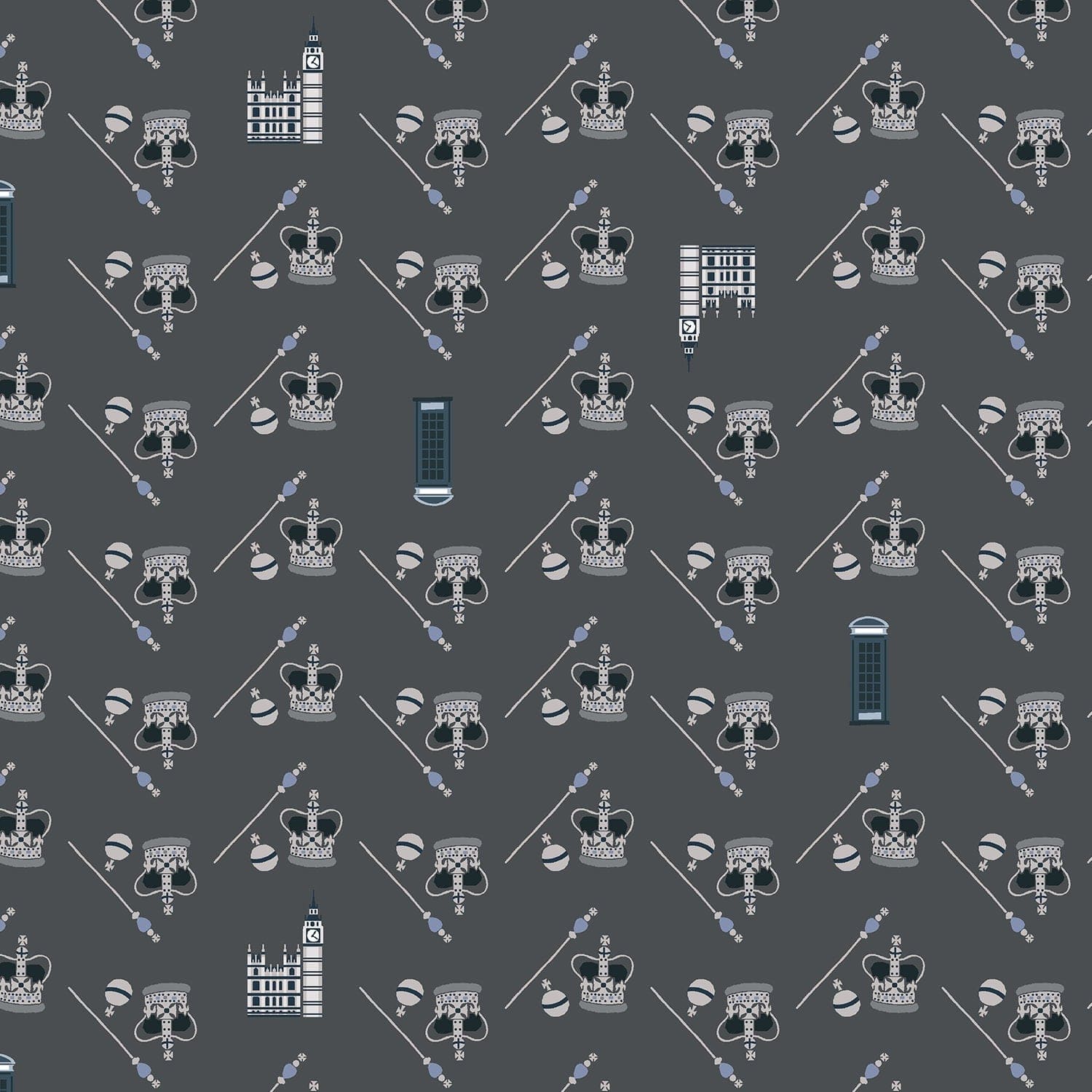 London Town HRH - Gray Fabric  - Gray - White - Blue - Sara Mulvanny -  Cotton + Steel - Quilting Cotton - SY104-GR2