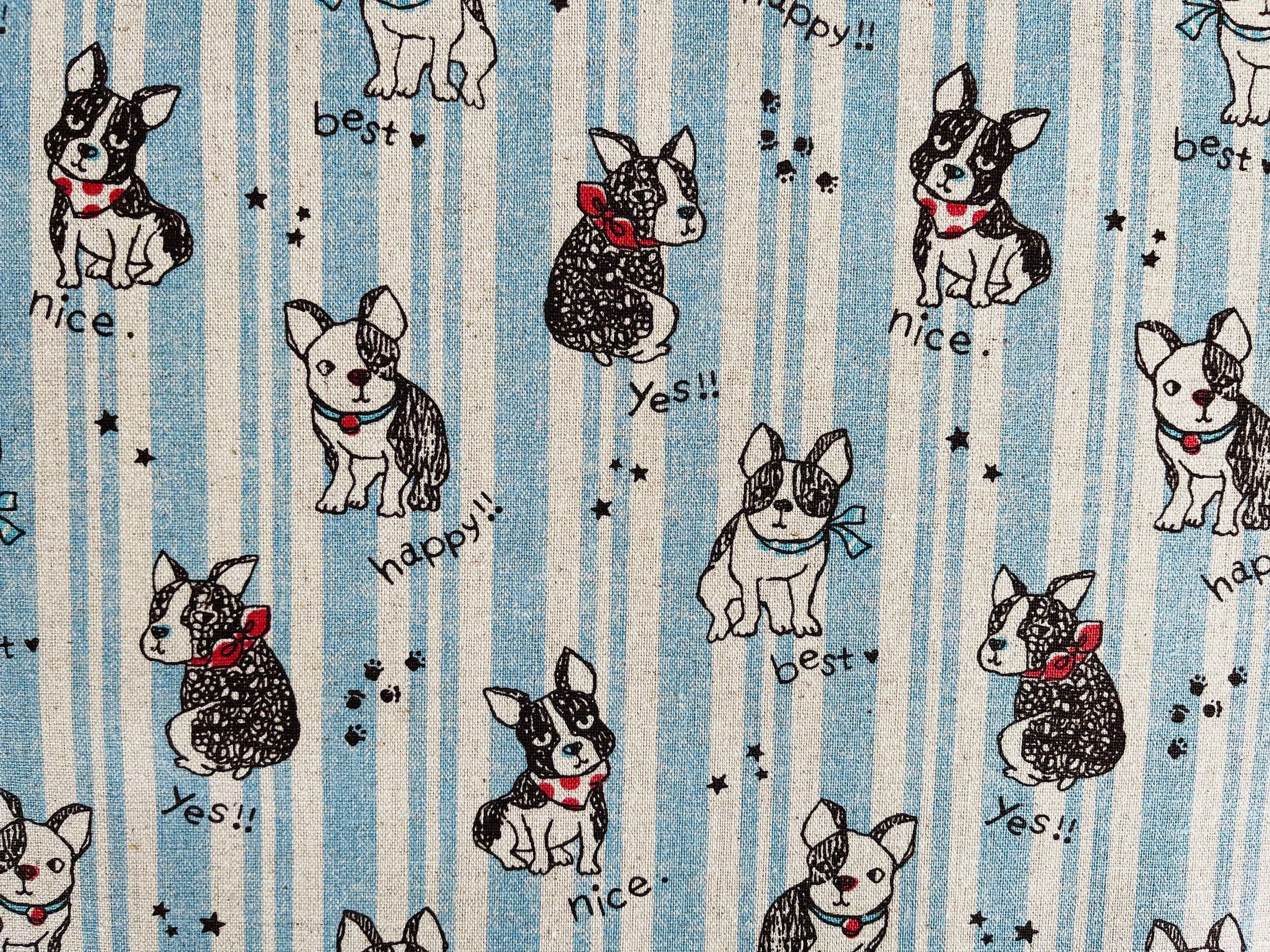 Japanese  Fabric - Kokka - Dog - Bulldog Fabric - Cotton Linen - Lightweight Canvas - Gray - Red - Black - Blue - LOA-51050-2A12
