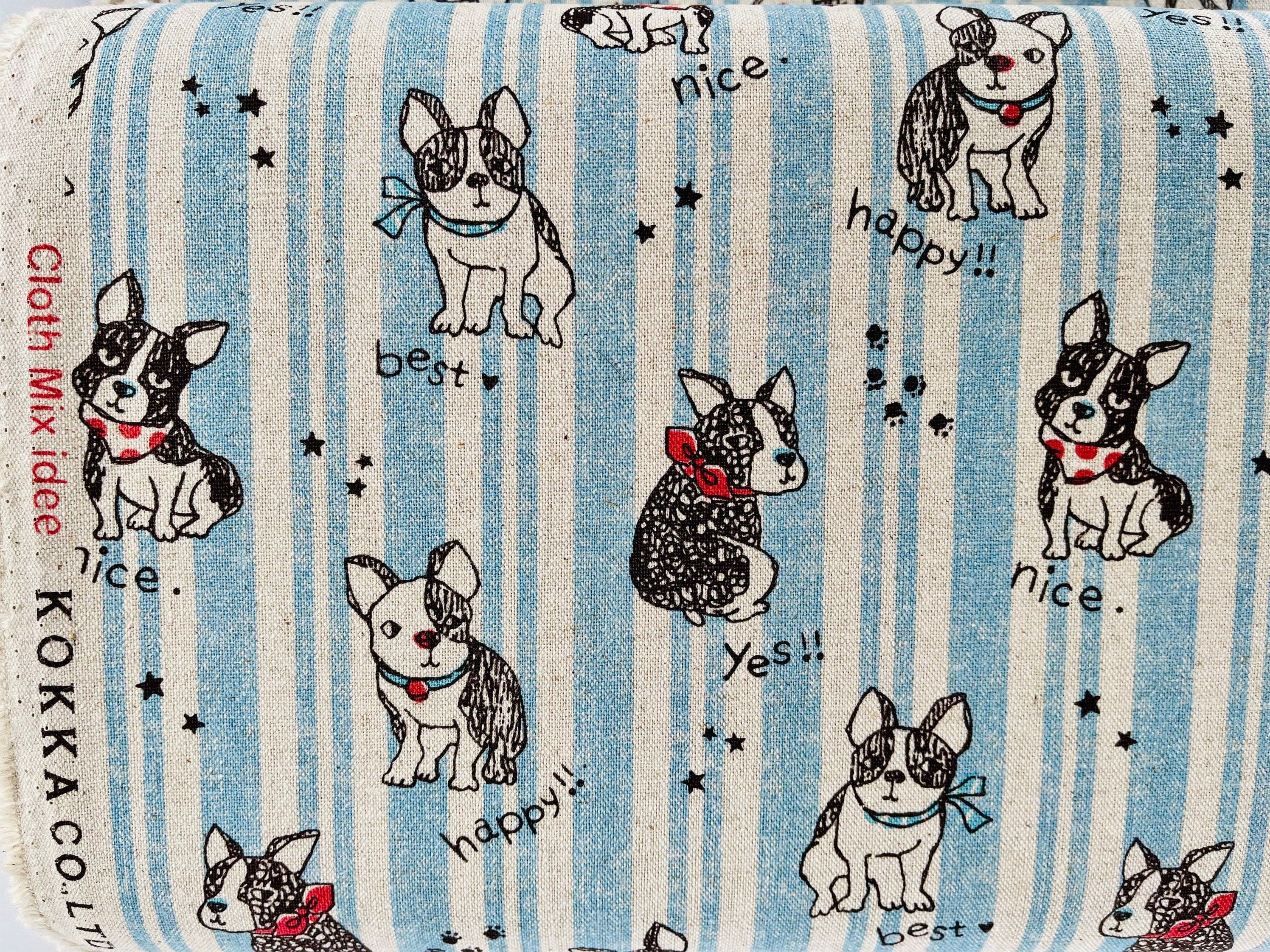 Japanese  Fabric - Kokka - Dog - Bulldog Fabric - Cotton Linen - Lightweight Canvas - Gray - Red - Black - Blue - LOA-51050-2A12
