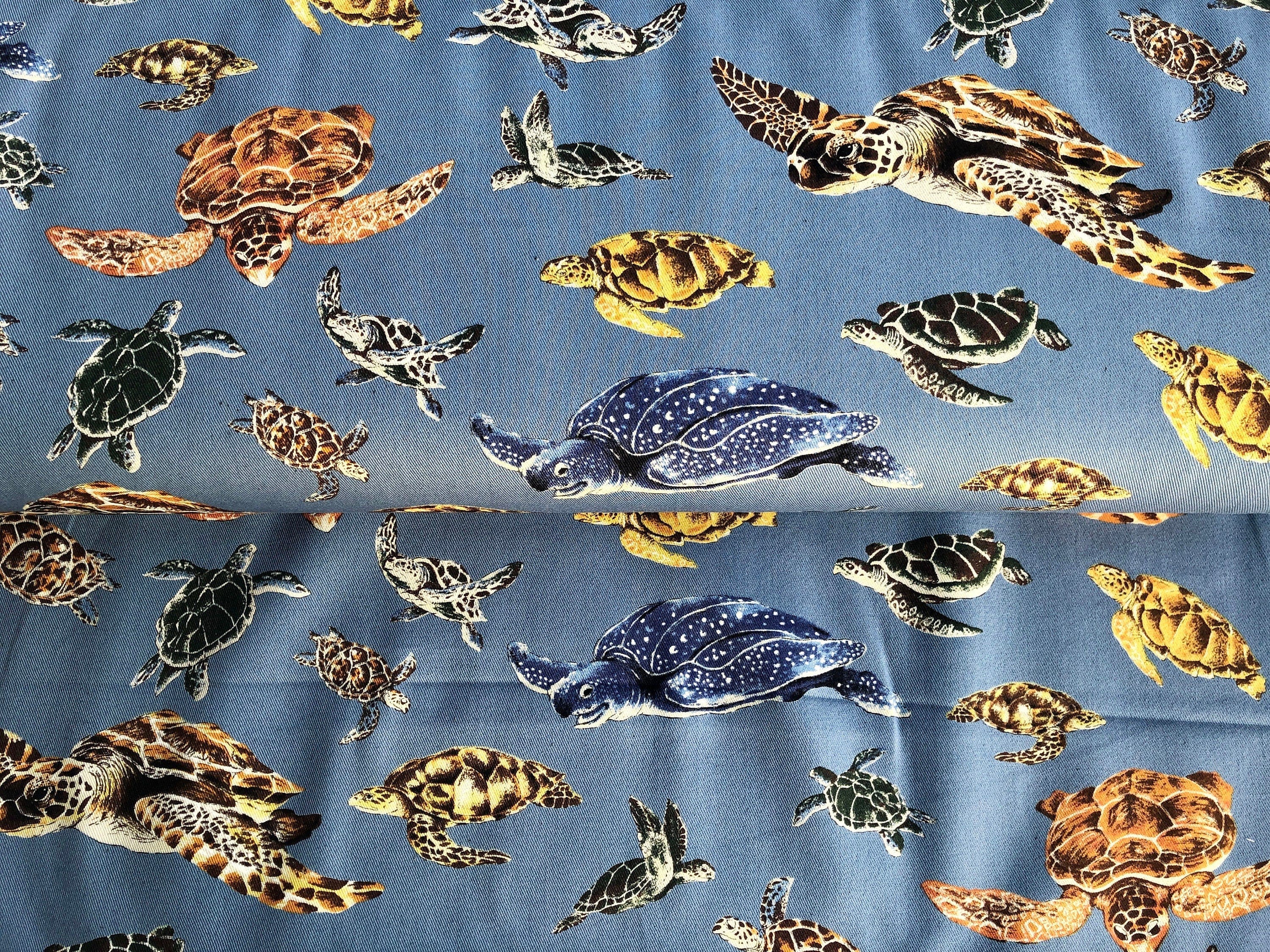 Turtle - Sea Turtle - Turtle  Fabric - Kobayashi - Japanese Fabric - Blue - Navy Blue - Brown - Yellow  - Twill Fabric - KTS-6606