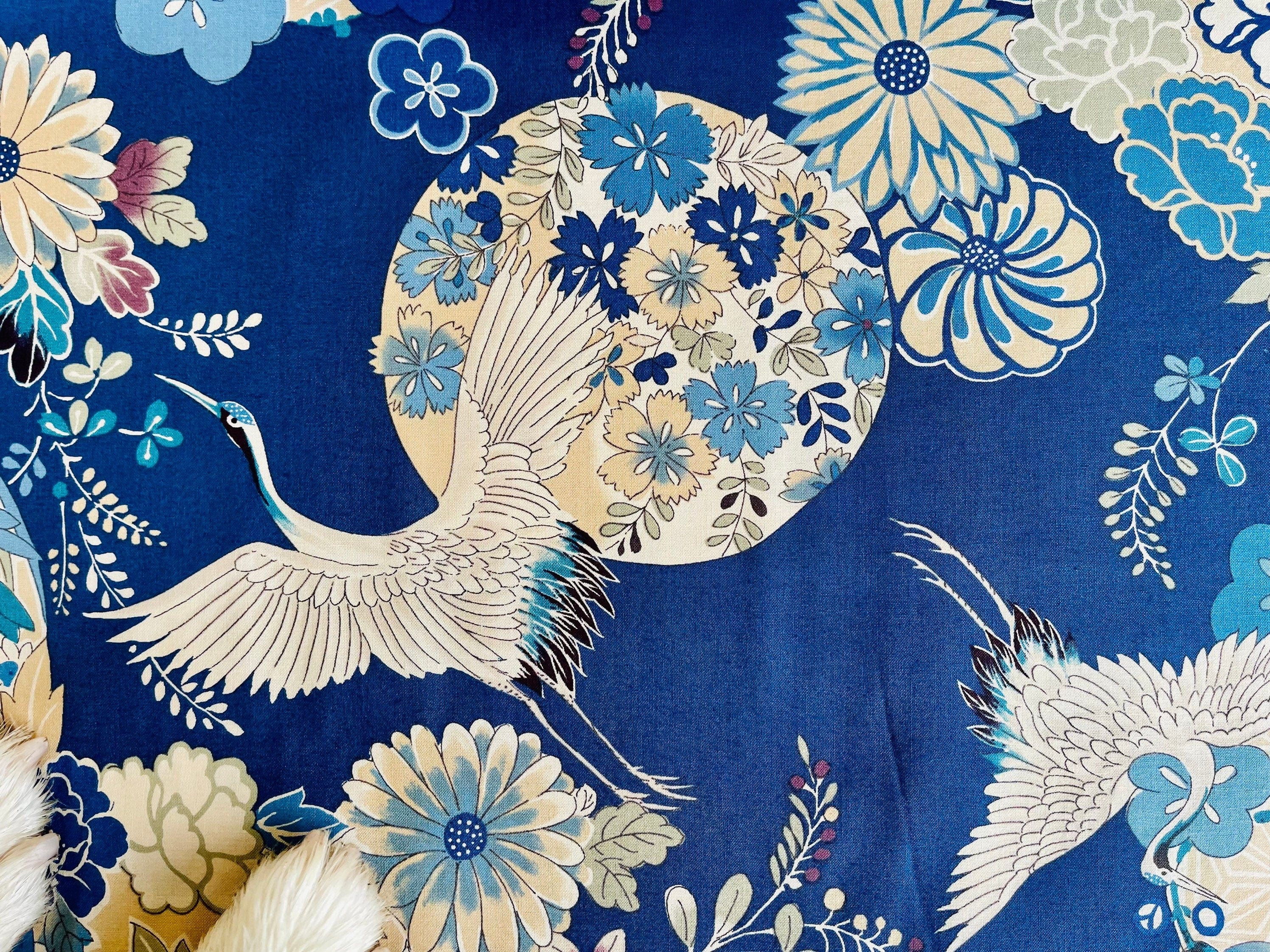 Kokka- Crane - Japanese Fabric - Blue - Cream - Purple - Green - Sheeting  Cotton Fabric - LO- 61070