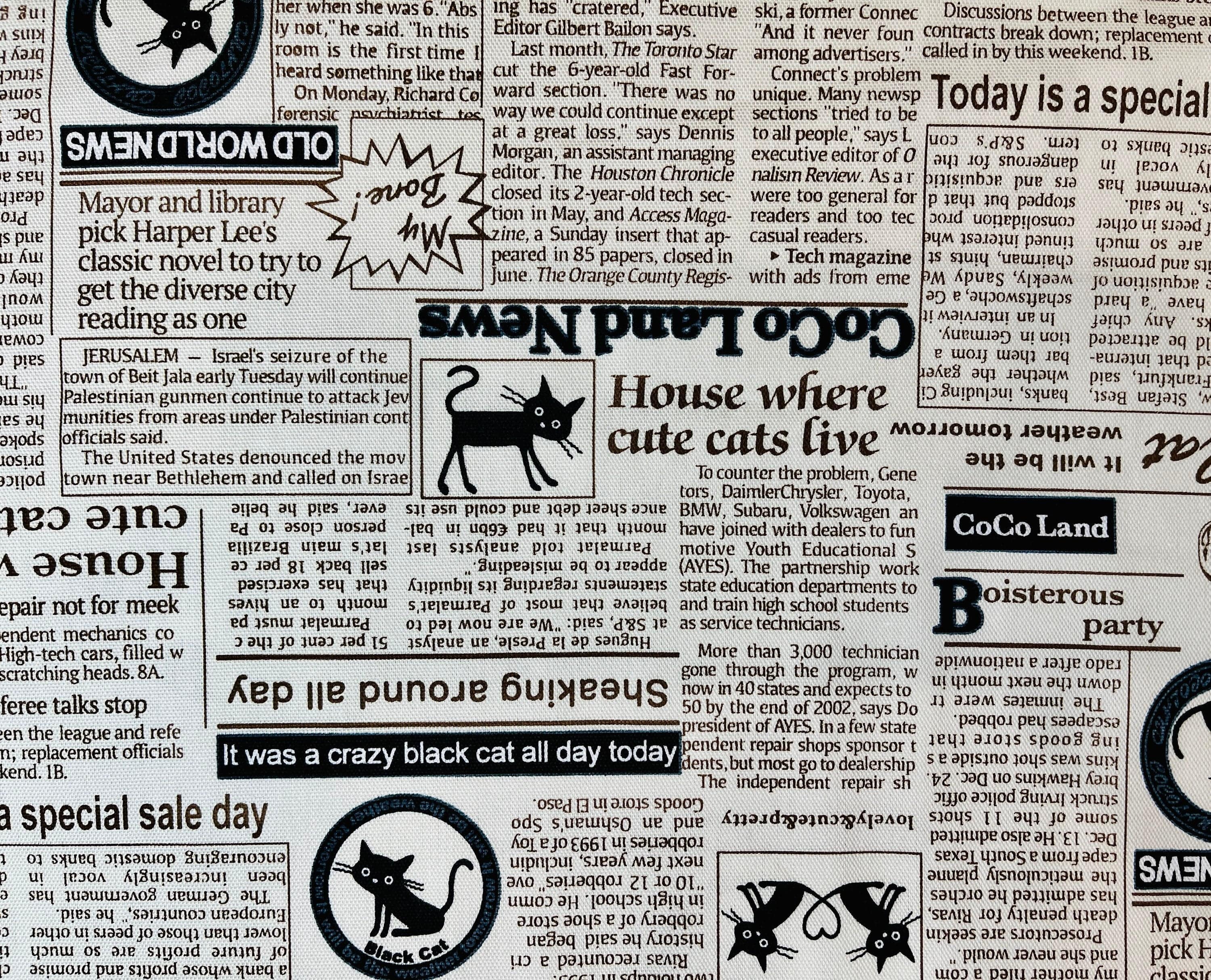 Cat - Newspaper - Lightweight Canvas - Black - White - Brown - Newspaper Fabric - Japanese Fabric - Canvas Cotton Fabric - H-CO-10002-23B