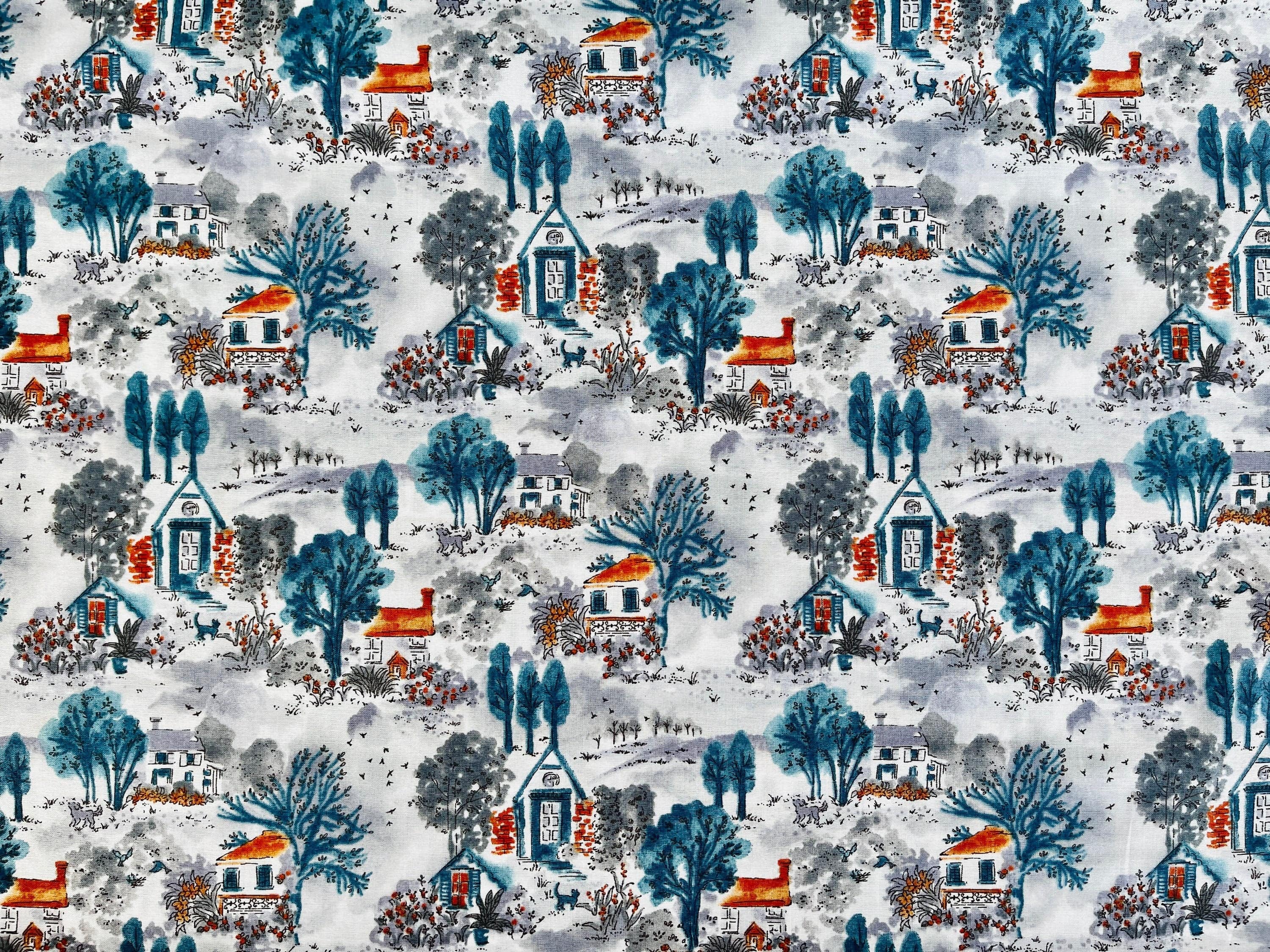 Hokkoh - Japanese Fabric - Bird - House - Tree - Blue - Grey -  Orange - Organic Cotton - Lawn Fabric - ST-21-106-2E
