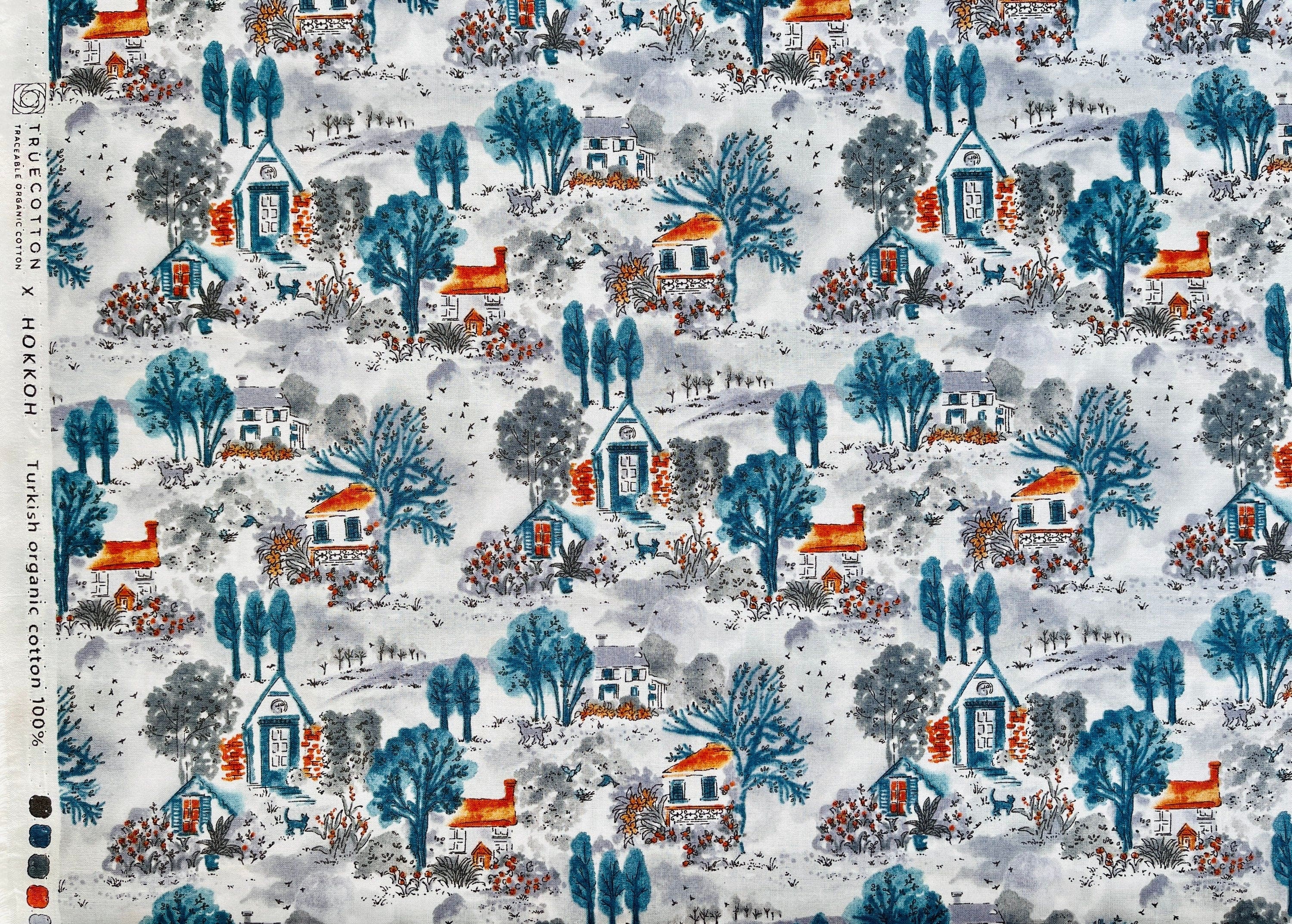 Hokkoh - Japanese Fabric - Bird - House - Tree - Blue - Grey -  Orange - Organic Cotton - Lawn Fabric - ST-21-106-2E