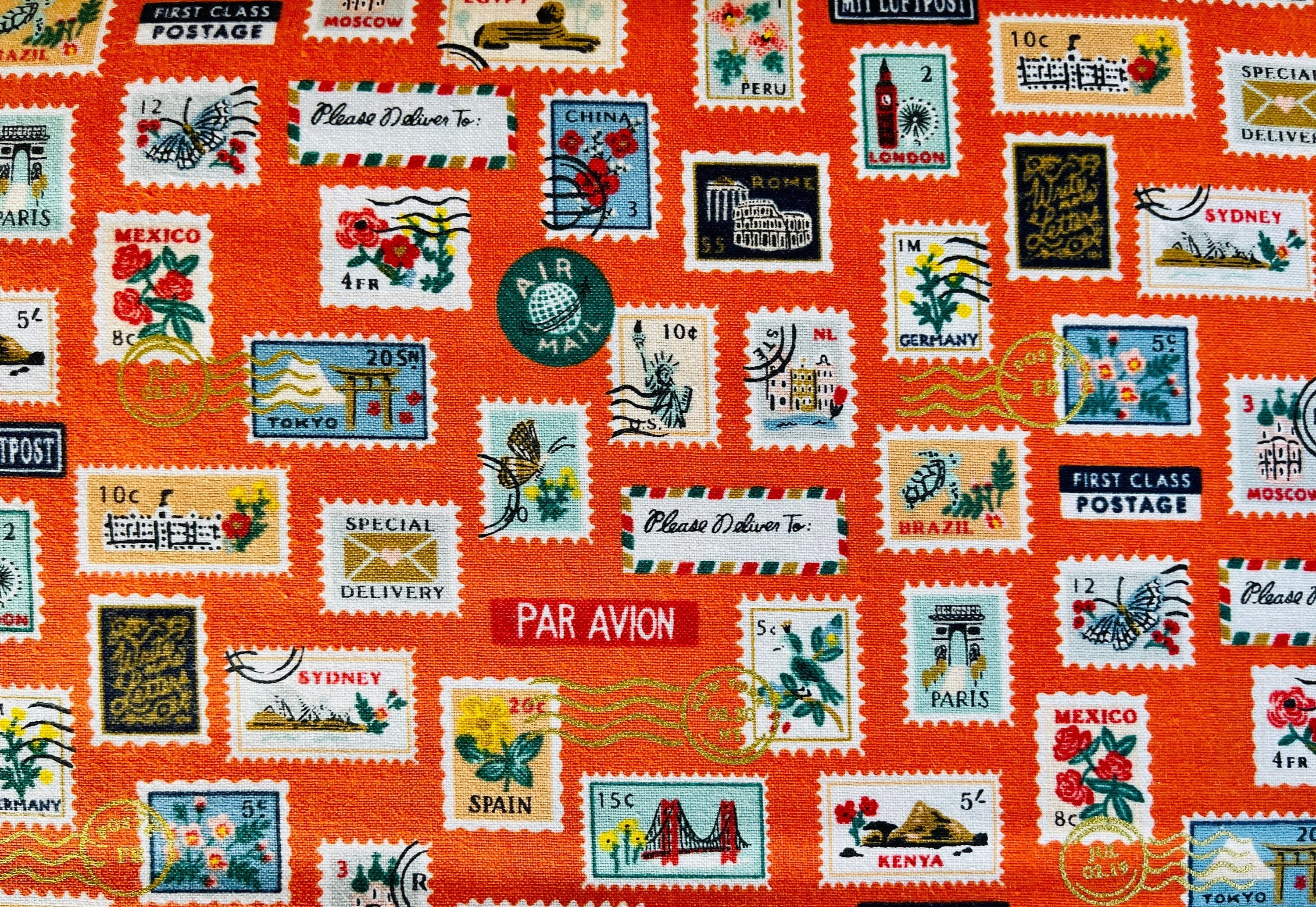 Bon Voyage Postage Stamps Red Metallic Fabric Rifle Paper Co Cotton+ Steel - RP802-RE1M