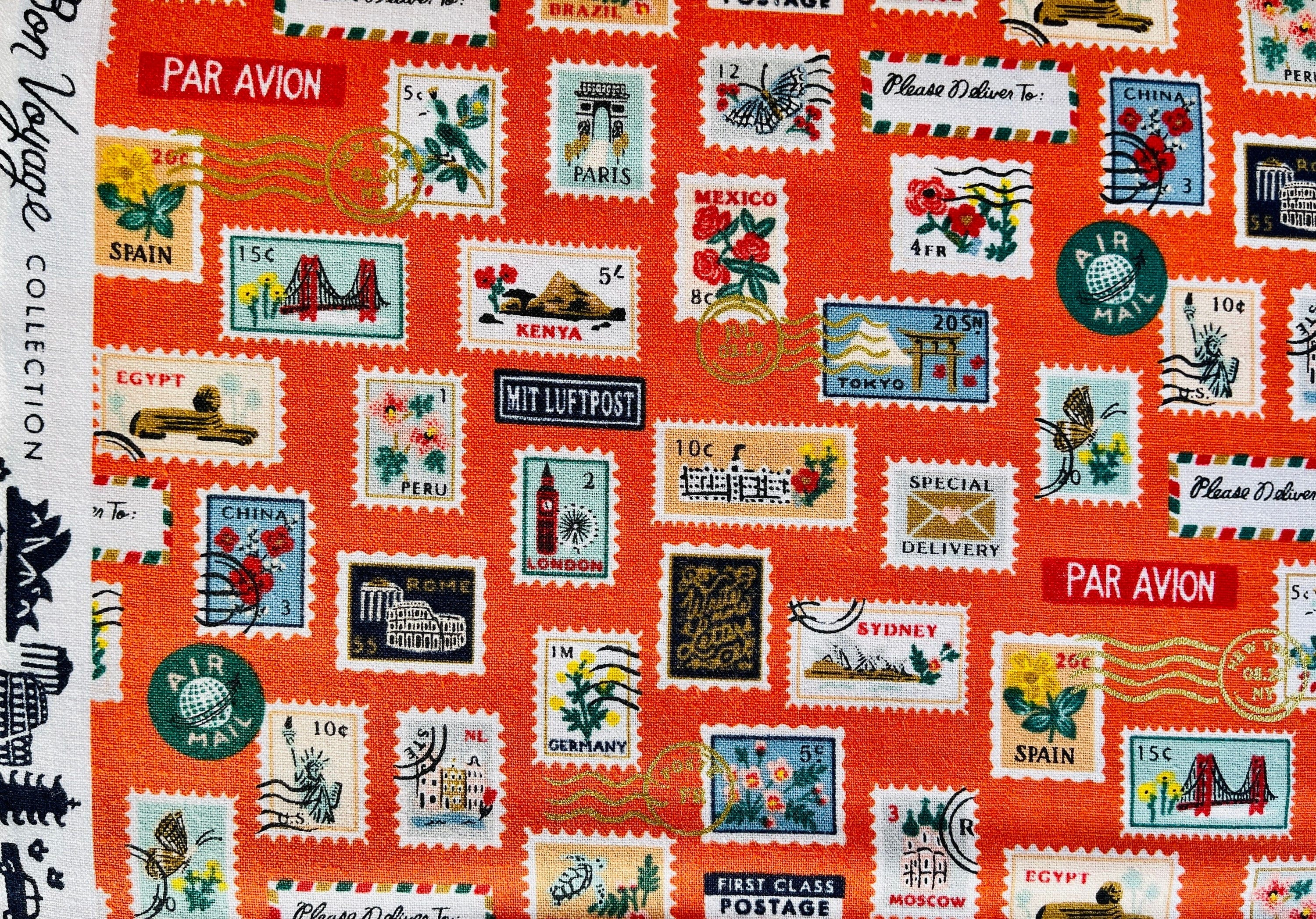 Bon Voyage Postage Stamps Red Metallic Fabric Rifle Paper Co Cotton+ Steel - RP802-RE1M