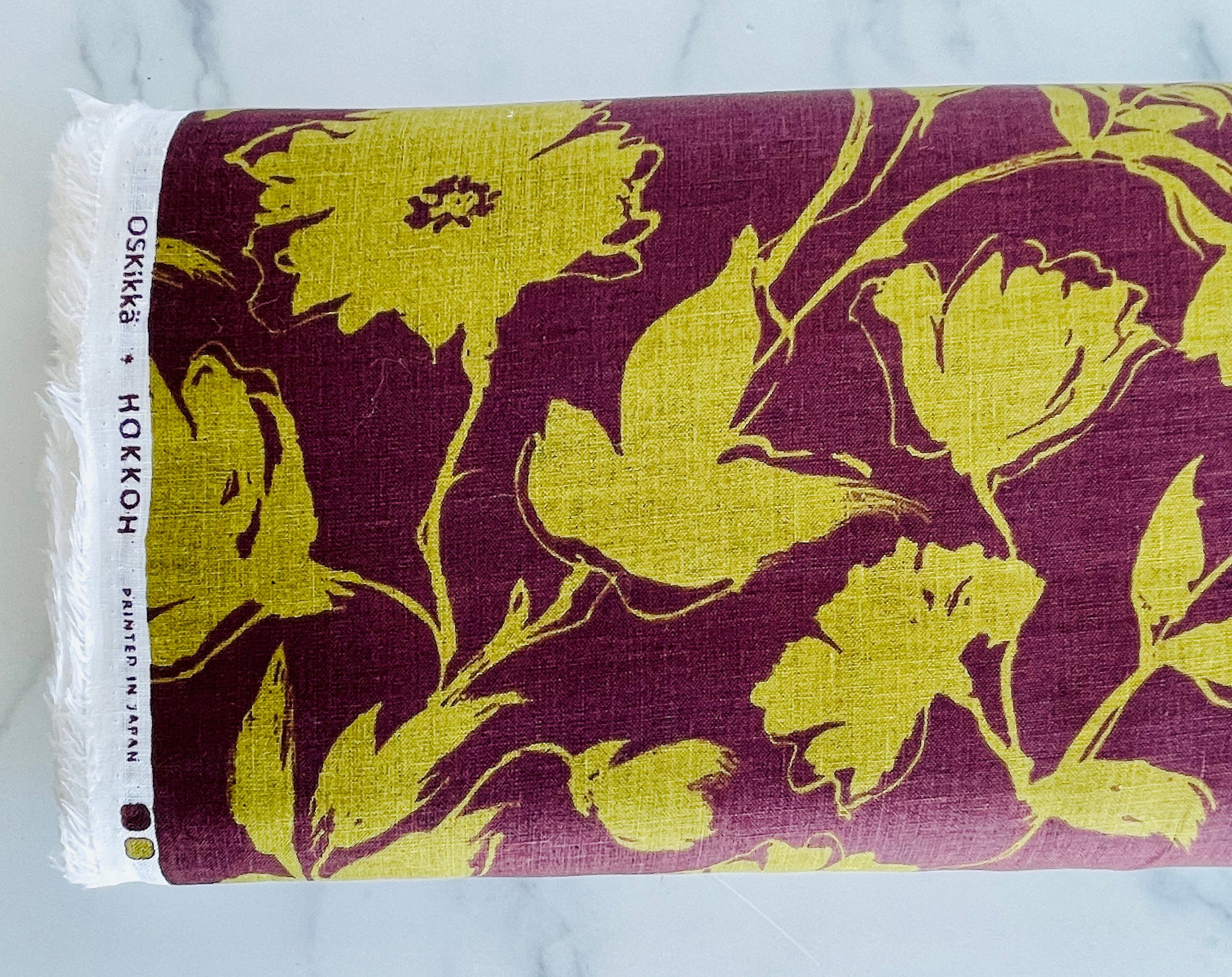 Hokkoh - Japanese Fabric - Floral Fabric - Purple Eggplant - Olive - 100% Linen - 7023-735
