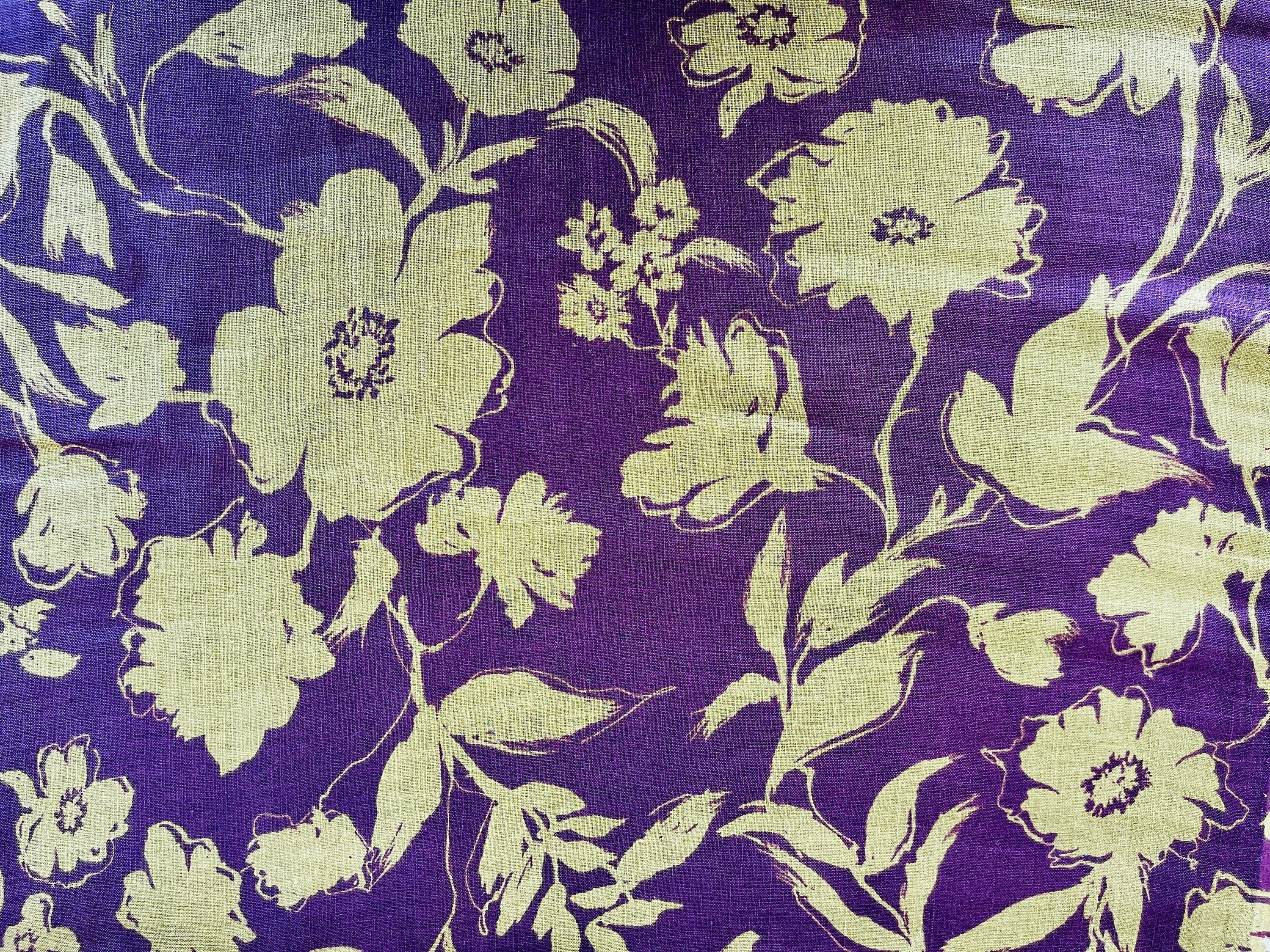 Hokkoh - Japanese Fabric - Floral Fabric - Purple Eggplant - Olive - 100% Linen - 7023-735