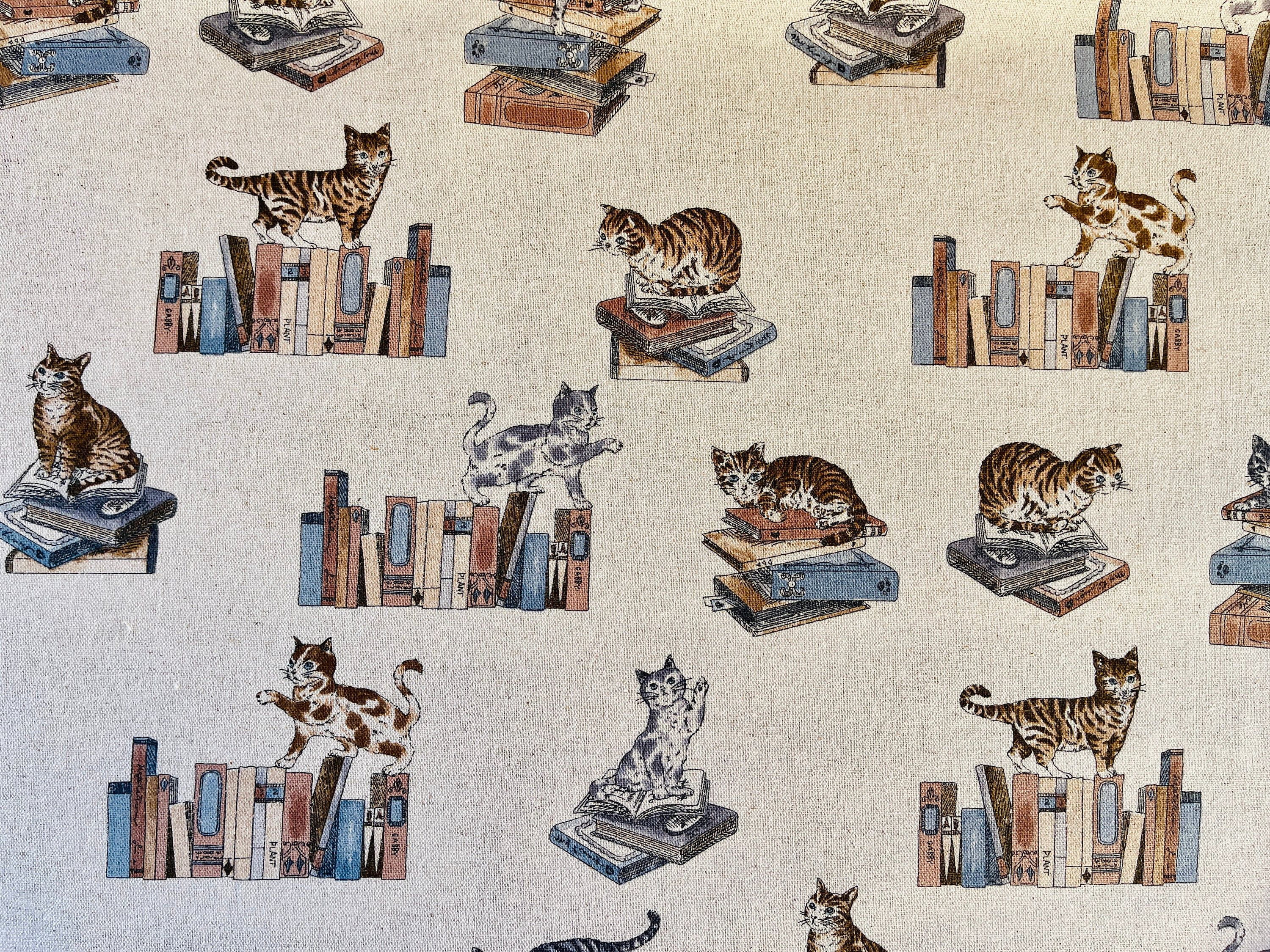 Cat - Cat Fabric - Cats and Books - Japanese Canvas Fabric